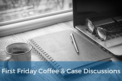 [ai] A laptop, glasses, a pen, and a notebook are placed on a wooden table by a window. A cup of coffee is beside them. A banner at the bottom reads 'First Friday Coffee & Case Discussions.' The image is in black and white.
